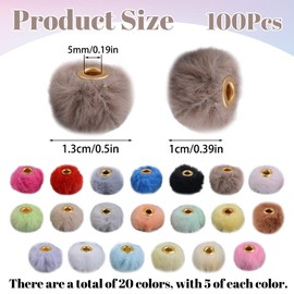 URROMA Faux Fur Beads, 100Pcs Mixed Color Soft Fluffy Beads Colorful Pom Pop Spacer Beads Bulk for DIY Jewelry Handicrafts Pens Deocr, 20 Colors