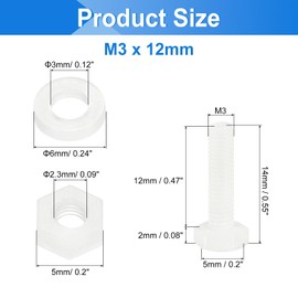 uxcell 150 Pcs/50 Sets Nylon Hex Bolts, M3 x 12mm Plastic Full Threaded Hex Head Screws Bolts and Nuts with Flat Washers for Machinery Electronics Industrial Accessories, White