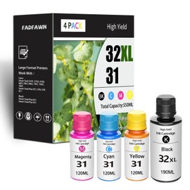 FADFAWN 31 Ink Bottle Set(4-Pack, BK/C/M/Y) - Replacement for HP 32XL Black Ink Bottle for Smart Tank5101 5102 5103 6001 7001 7002 7301 7302 7602 Smart Tank Plus 551 570 578 651 Printer