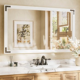 TETOTE White Wood Framed Wall Mirror for Bathroom 48 x 30 Inch Rustic White Wooden Rectangle Frame Mirror for Natural Farmhouse Boho Decor, Waterproof, Horizontal/Vertical, Easy to Install