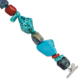 925 Sterling Silver Toggle Closure Artisan Oxidized Red Simulated Coral Howlite Lapis and Simulated Turquoise Bracelet - Jewelry Gift for Mom