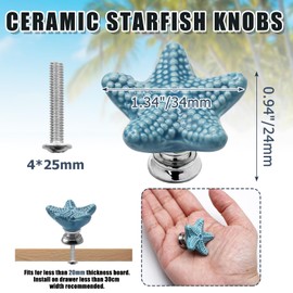 Luomorgo 4 Pack Ceramic Starfish Drawer Knobs - Coastal Blue Cabinet Handles for Kitchen, Dresser & Wardrobe Cupboard Drawer, Beach Theme Pulls with Screws