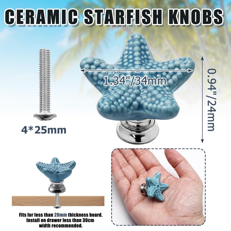 Luomorgo 4 Pack Ceramic Starfish Drawer Knobs - Coastal Blue
