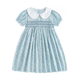 Curipeer Little Girls Summer Floral Dress Handmade Smocking Short Sleeve Summer Beach Dress Blue 7T