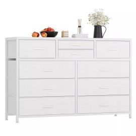 Jojoka 10-Drawer TV Stand Dresser for Bedroom Chest of Drawers Wood Top Storage Cabinet - White