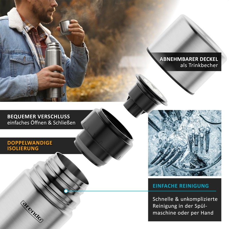 Arendo - Thermos Flask 1 Litre - Stainless Steel Thermos