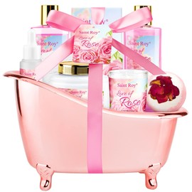 Mother's Day Gifts for Mom bath Gifts for Her Rose scents Mother Gift Bath Set for Women, Luxury Home Spa Kit Rose Bath Gift Basket, Includes Scents Lotion, Bath Bomb, Spa salts, Christmas Gift