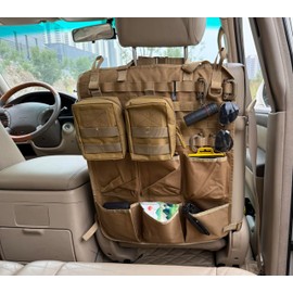 PangolinTiger Backrest Organiser - 46 x 60 cm, Car Seat Organiser, Molle System, 6 Pockets, 2 Removable Tactical Pockets, 4 D Hooks, Ideal for Camping and Leisure, Olive Green/Black/Khaki (Khaki)