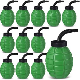 Tanlade Army Birthday Party Camo Party Supplies Grenade Cups with Straws and Lids, 10 oz Plastic Grenade Shape Cup Reusable Cups Bulk for Adults Kids Army Soldier Camouflage Party Favors(12 Pcs)