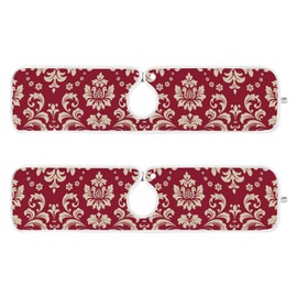2 Pack Faucet Absorbent Mat, susiyo Red Gold Floral Damask Kitchen Sink Splash Guard Behind Faucet - 23.6x5.5inch