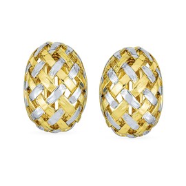 Half Hoop Shrimp Style Woven Braided Dome Two Tone Open Basket Weave Clip On Earrings For Women Button Style Non Pierced Ears Silver Gold Plated Brass