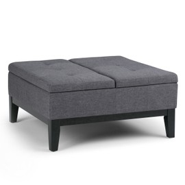 SIMPLIHOME Dover 36 inch Wide Square Coffee Table Lift Top Storage Ottoman, Cocktail Footrest Stool in Upholstered Slate Grey Tufted Linen Look Fabric for the Living Room, Contemporary