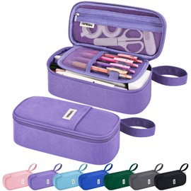 TOPBIDAI Large Pencil Case Pouch for Girls Boy Kids Children, Big Capacity Canvas Pencil Bag, Office College School Multi Compartment Zipper Stationery Pen Bag (Purple)