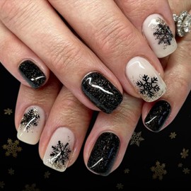 Christmas Press on Nails Medium Square Fake Nails with Black Snowflake Design Silver Glitter Nails Press ons Glossy Full Cover Black Glue on Nails Winter Xmas Holiday Nail for Women 24Pcs