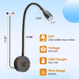 12V LED Reading Light RV Bedside Dimmable Reading Light with USB Charging Port 12 Volt Flexible Gooseneck Lamp for RV Boat Camper Van Travel Trailer Interior Lighting, 2 Pack