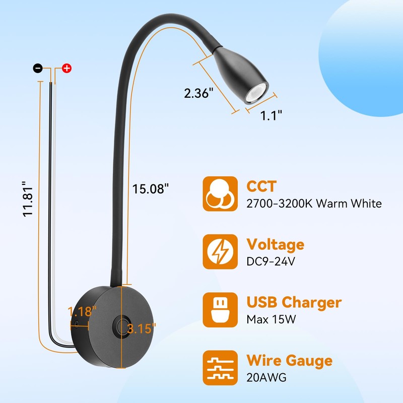 12V LED Reading Light RV Bedside Dimmable Reading Light with