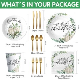 Srua Don Thanksgiving Paper Plates and Napkins Set, Fall Pumpkin Theme Thanksgiving Party Decorations Supplies Tableware, Thankful Plate, Cup, Napkin, Disposable Cutlery, Serves 24