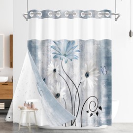 Nesphy No Hook Rustic Farmhouse Shower Curtain with Snap-in PEVA Liner Set, Blue Daisy Butterfly Country Hotel Style with See Through Top Window Double Layers Waterproof Bath Curtain 71x74 Inch