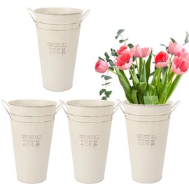 IHDYPPEW 4 Packs 12 Inch Galvanized Metal Vases with Handles, Rustic Flower Buckets for Cut Flowers, Country Wedding, Table Centerpiece Decorations(Milky White)