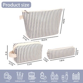 Beayuva 3 Pcs Canvas Makeup Bag Set Cosmetic Pouch for Women Travel Toiletry Bag Cute Makeup Organizer Purse Pouch Preppy Pencil Case with Zipper (Blue Pinstripes)