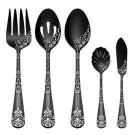 EUIRIO 5 PCS Black Serving Utensils Set, Stainless Steel Hostess Serving Set, Include Serving Spoon, Slotted Serving Spoon, Serving Fork, Sugar Spoon and Butter Knife, Mirror Finish, Dishwasher Safe