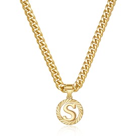 KissYan Gold Initial Necklace,14K Gold Plated Round Letter Pendant Hollow Capital Monogram 5mm Cuban Chain Necklace Alhpabets from A-Z Dainty Jewelry for Women Men(Gold S)