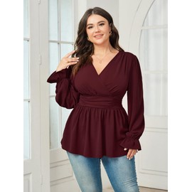SHESTARR Women's Plus Size Wrap Blouse V-Neck Long Sleeve Ruffle Peplum Casual Ruched Top Burgundy