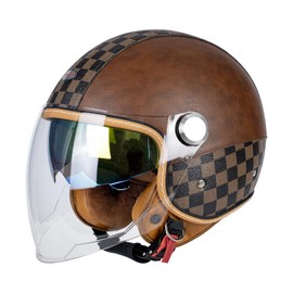 QUICKOOL Dual Visor 3/4 Open Face Motorcycle Helmet for Men & Women, DOT Approved Unisex Retro Half Helmet，Motorbike Casco for Moped Cruiser Bobber and Chopper (Long Outer Shield-Brown,XL)