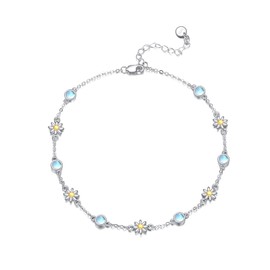CRMAD 925 Sterling Silver Daisy/Sunflower Moonstone Anklet Daisy Flower Ankle Bracelet for Women Beach Dainty Jewelry (daisy, 7+2 inch)