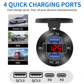 2 Pack 12V USB Outlet 4 Port Car Charger Socket, 78W Dual PD USB C and Dual Quick Charge 3.0 Port Aluminum Charger with Red Voltmeter DIY Kit Waterproof for Car Boat Marine Motorcycle RV Truck, etc