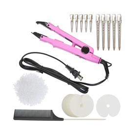 Hair Extensions Tool Kits with Fusion Heat Iron Connector Wand US Plug 50 Pcs Single Hole Heat Shield Guards 10 Pcs Hair Clips 50g Keratin Beads (Pink A Head)