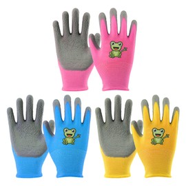 COACOM 3 Pairs Garden Gloves for Children, Non-Slip Protective Gloves, Cute Gloves with Cartoon Frog Pattern, Universal Gloves for Girls and Boys (Yellow, Pink, Blue)