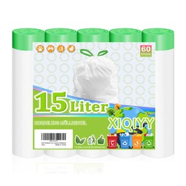 XIQIYY Bin Liners 15 Litre Drawstring Bin Bags Pack of 60 Bin Liners with Carry Handle Transparent Waste Bags