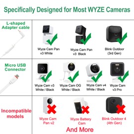 AYIIFEI 20FT Power Extension Cable for Wyze Cam v4, Wyze Cam Pan v3, Wyze OG, Wyze Cam v3, and v3 Pro Indoor/Outdoor, Waterproof Flat Micro USB Charging Power Cord for Security Camera 2 Pack