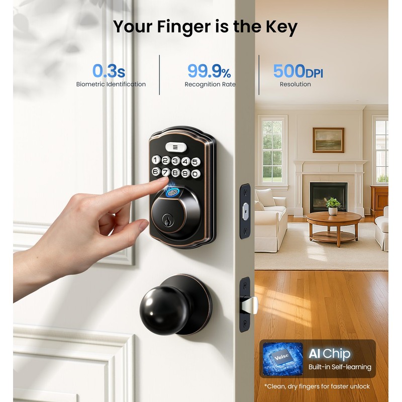 Veise Fingerprint Door Lock with 2 Knobs - Keyless Entry