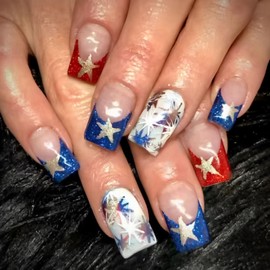 4th of July Press on Nails Medium Square Fake Nails with Gold Star Glitter Designs Blue French Tip Nails Press ons Glossy Glue on Nails Independence Day False Nails Red Sitck on Nails for Women 24Pcs