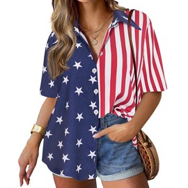TIYOMI Ladies Plus Size 4th of July Shirts Short Sleeve 4X Tops National Day Shirts Amercian Flag Button Down Tee Summer Casual Blouse 4XL 24W 26W