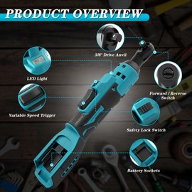 Cordless Ratchet Wrench Kit for Makita 18V Battery, 45 Ft-lbs 3/8" Power Ratchet Wrench Ratcheting Wrench Tool Kit, 8PCS Sockets, Extension Bar, 1/4" Adaptor, Variable Speed Trigger(Tool Only)