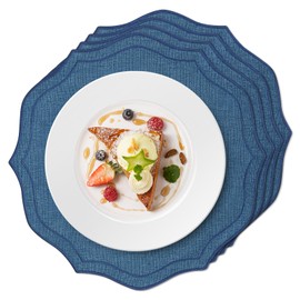 fanquare Navy Blue Round Placemats Set of 4, 15" Embroidered Scalloped Cloth Table Mats Washable Non-Slip Table Décor for Kitchen Dining Room Wedding Independence Day