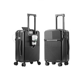 ASCG Hardside Carry On Luggage Airline Approved with Cup Holder,Lightweight PC Hard Shell Suitcases with Front Pocket, Spinner Wheels, TSA Lock (Black, 24inch)