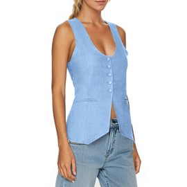 Tankaneo Womens Scoop Neck Blazer Vest Summer Linen Sleeveless Fitted Waistcoat Work Casual Cotton Suit Tops