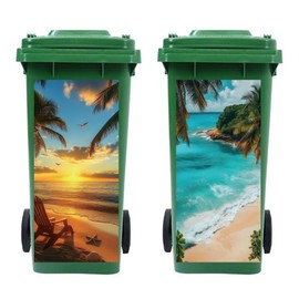 Peacoblue Wheelie Bin Stickers 2 Sheets Seaside Scenery Sticky Dustbin Stickers Decals, 15in x 32in Waterproof Self Adhesive Large Decal for Trash Cans Bins Driveway Garden Outdoor Indoor Decoration