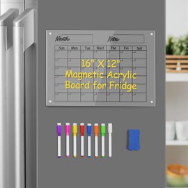 Whale Store Magnetic Dry Erase Calendar for Fridge Board Clear Acrylic Calendar WhiteBoard 16"x12" Includes 8 Dry Erase Markers with 8 Colors
