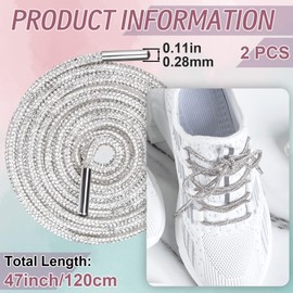 SmallCat 2PCS Rhinestone Shoelaces Ropes, 47" Glitter Round Shoe Strings for Sneakers, Crystal Hoodie String for Women, Bling Drawstring Cords Replacement Accessories for Sweatpants, Bags - White