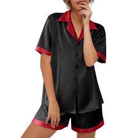 Ekouaer Womens Silk Satin Pajamas Set Button Down Short Sleeve Lounge Set 2 Piece Notch Collar Sleepwear Sets Soft Pjs Black with Red M