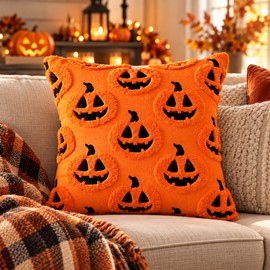 Orange Pumpkin Throw Pillow Cover for Fall Decor – Soft Plush 18x18 Inch Embroidered Cushion Cover for Sofa & Couch