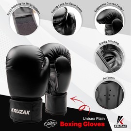 Kruzak Unisex Plain Boxing Gloves for Sparring, Kickboxing, Muay Thai, Martial Arts & MMA Fighting | 08, 10, 12, 14, 16 oz | Men & Women Punch Bag, Mitts & Focus Pads Punching - Black - 16oz