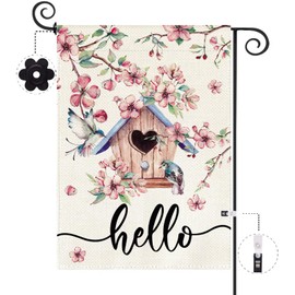 Baccessor Spring Garden Flag Pink Floral Bird House Cherry Blossoms Small Yard Flag 12.5 x 18 Inch Double Sided Burlap Spring Summer Welcome Flag for Outside Outdoor Decor