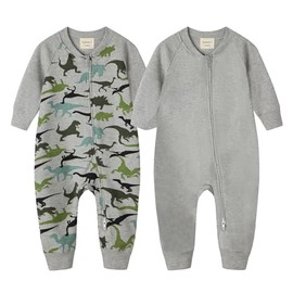 HAJAKADAS-Y Baby Boys' Girls' Cotton Sleep and Play Pjs, Snug Fit Footless 2-Way Zip Closure Coveralls, Pack of 2 (0-3 Months, Grey Melange/Dinosaur)
