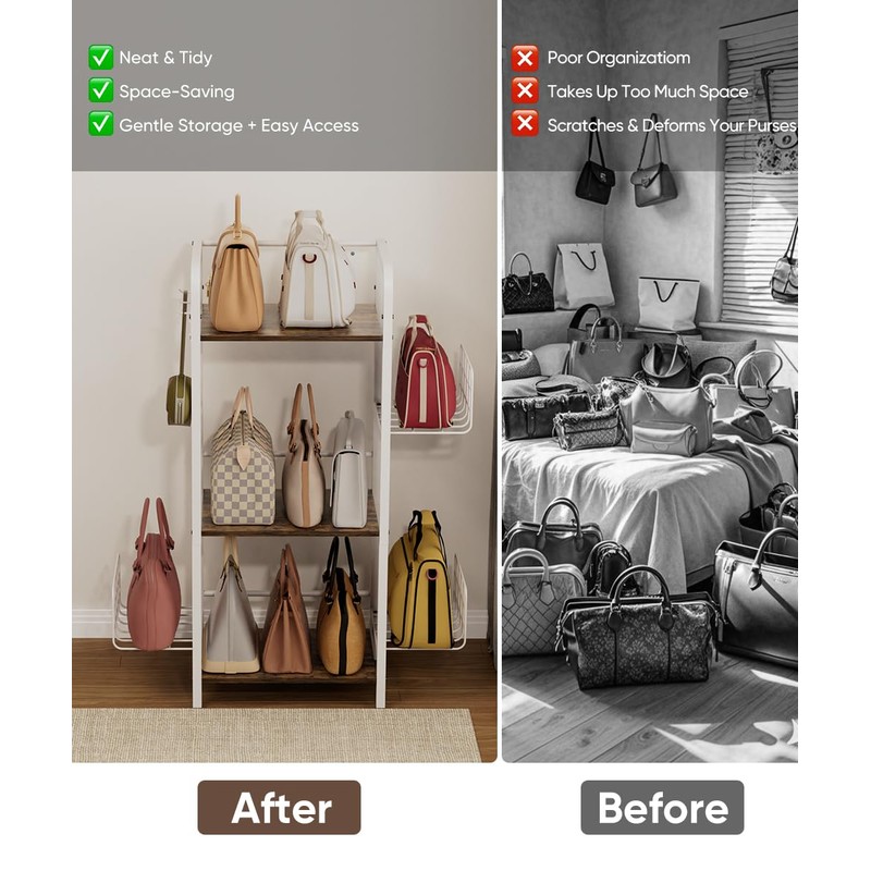 Tuohours 3-Tier Purse Organizer Rack, Iron & Wood Floor-Standing Bag
